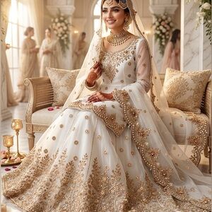 White Pakistani Desi outfit - top lehenga and dupatta